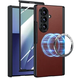 Premium Genuine Leather Case with Magnetic Closure and 360° Hinge Protection - Shockproof Design with Built-in Screen Protector for Galaxy Z Fold7 (Brown)