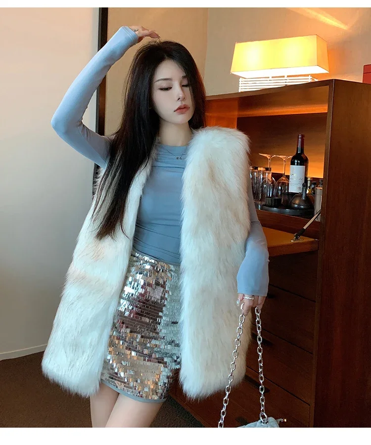 FANIECES Autumn Winter Faux Fur Vest Jacket Women Coat Fluffy Sleeveless Artificial Fur Long Waistcoat manteau femme hiver шуба