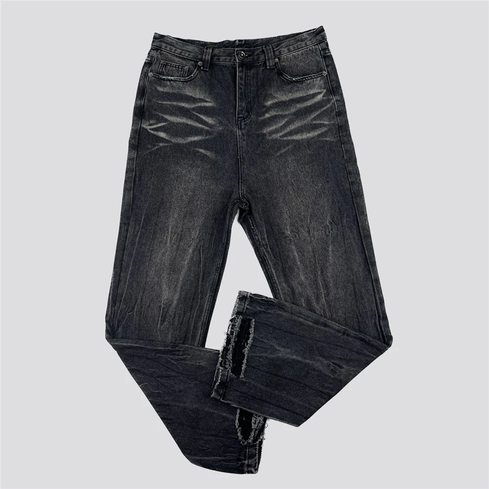

Men Washed Black Flared Jeans Ripped Cuffs Non-Stretch