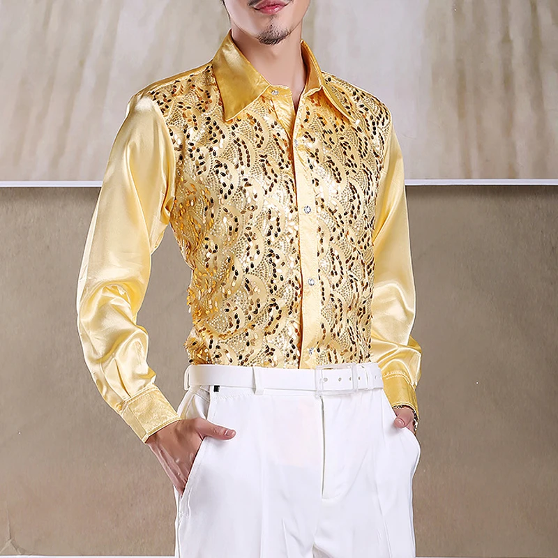 

New Shiny Gold Sequin Glitter Long Sleeve Shirt Men New Fashion Nightclub Party Stage Disco Chorus Shirt for Men Chemise Homme