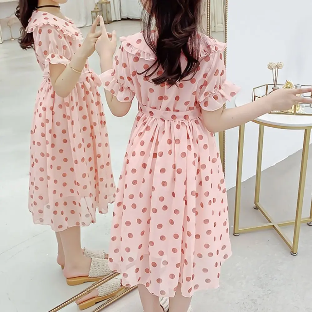 Elegant Doll Collar Girls Princess Dress Teens Party Summer Dot Dress Beach Vacation Sweet Children Dress Summer