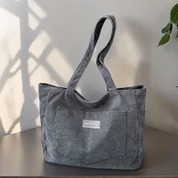 Women's Large Capacity Corduroy Shoulder Bag Casual Handbag Solid Color Female Shopping Bag - Image 2