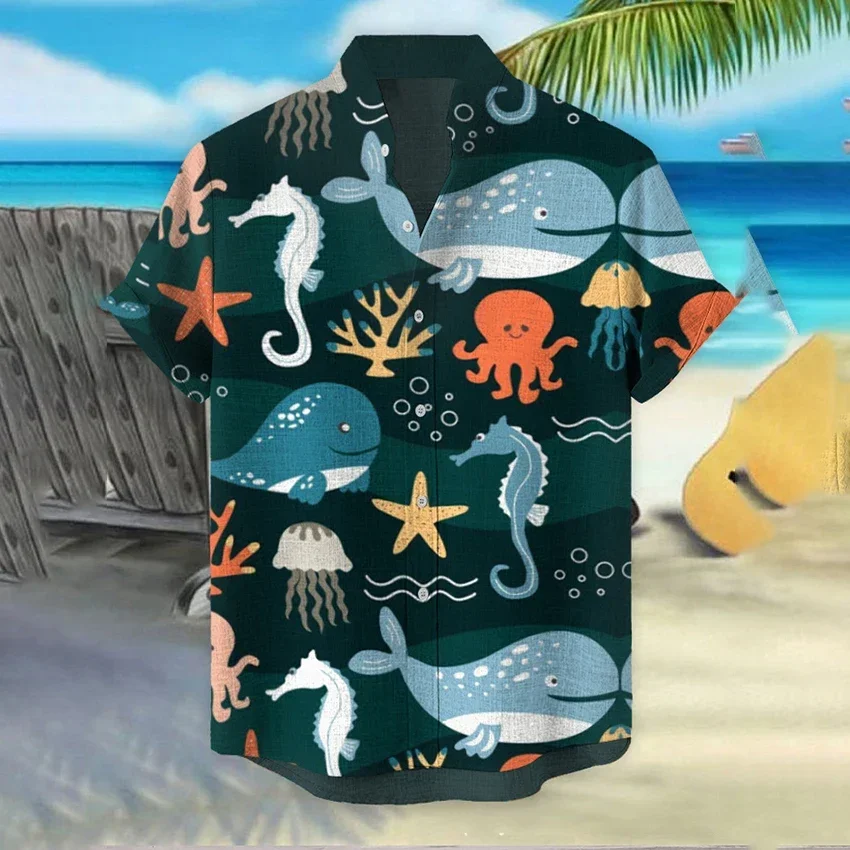Men's 3D printed shirt, stand up collar casual and comfortable shirt, fresh and cute, let's take a look at the underwater world