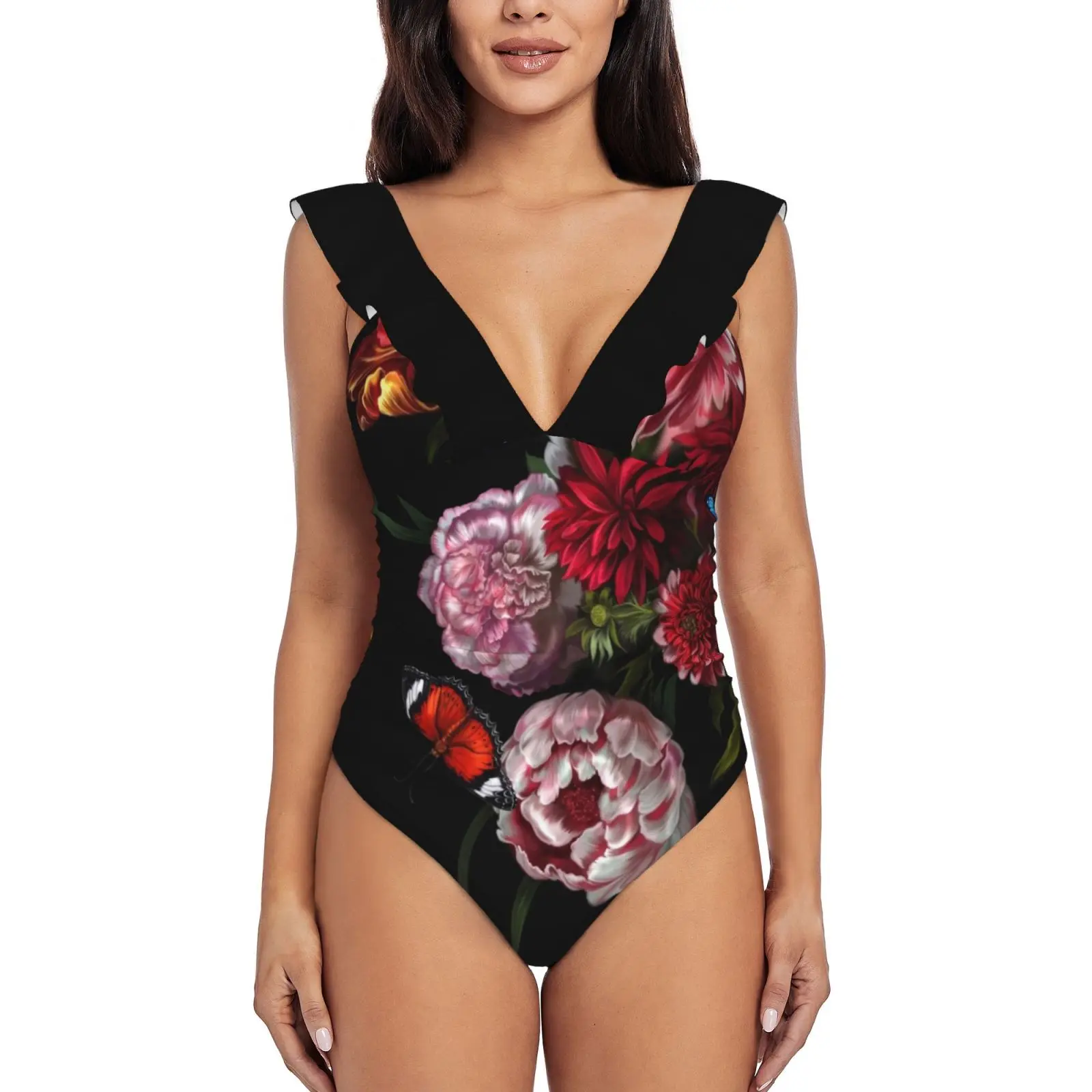 

Paradise.Corrupt _ Section.B New Print Swimwear Deep-V Ruffle Swimsuit One Piece Swimsuit Beach Wear Monokini Glitch Floral