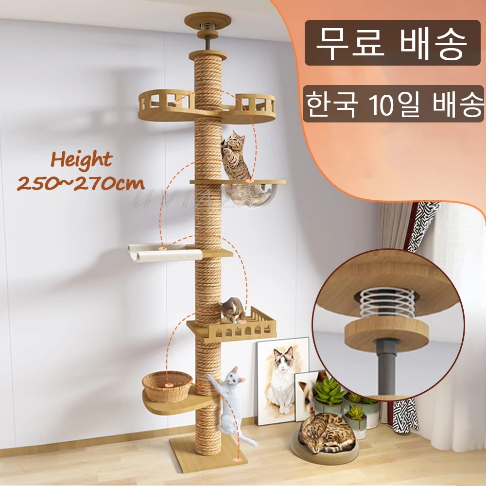 고양이 나무 바닥부터 천장까지 높이 조절 가능한 다층 콘도, 스크래치 포스트 해먹, 애완 동물 활동 센터