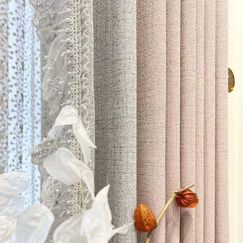 Princess Style Girl Room Pink Grey Lace Patched Curtains for Living Room Bedroom French Window Embroidered Window Screen 3