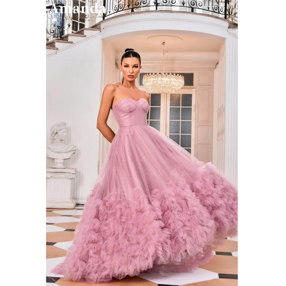 

Amanda Dusty Pink Multilayer Vestido De Novia Strapless Corset Tulle Puffy Prom Dress 2024 Princess Ball Gown Evening Dress