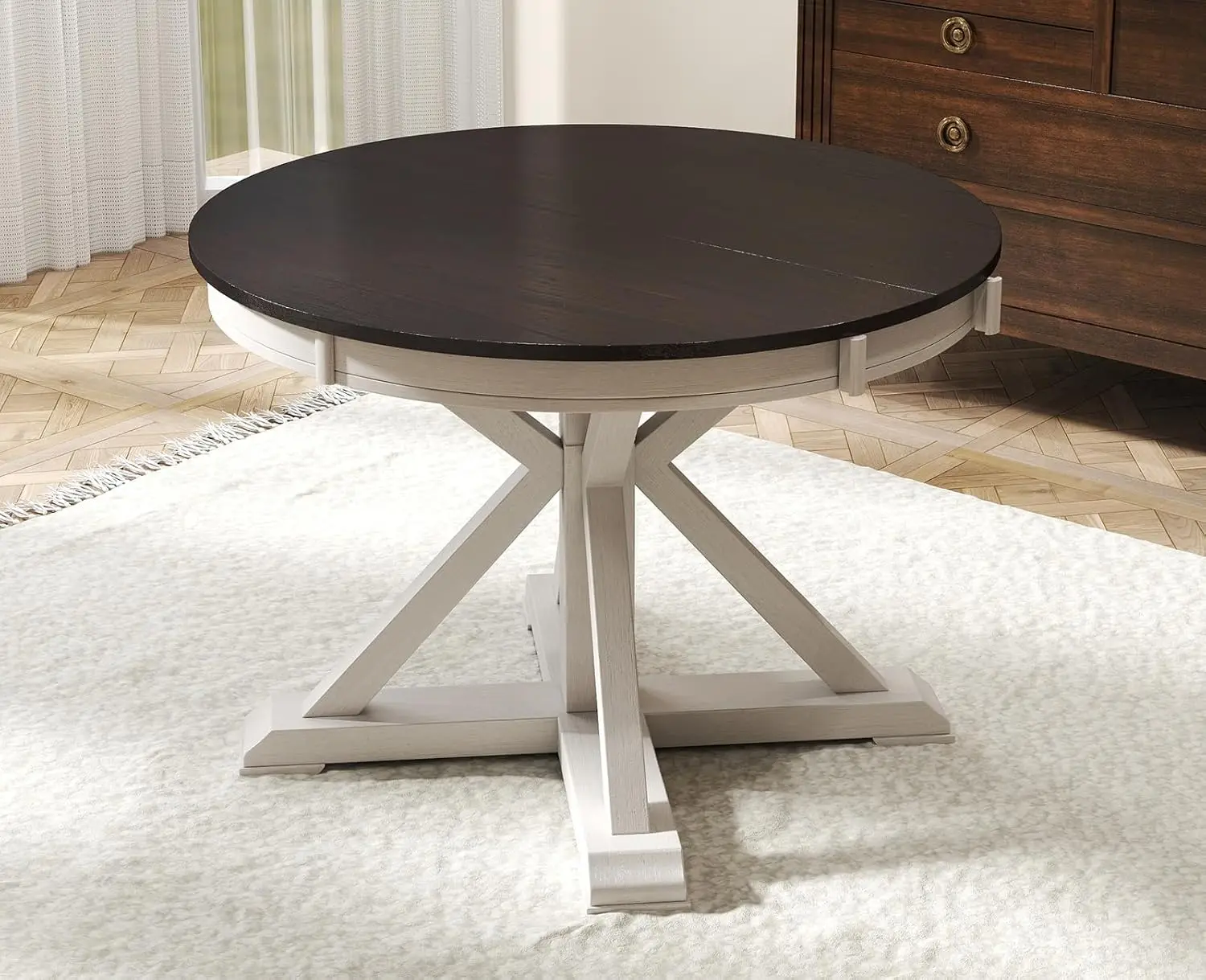 42-54 Inches Extendable Dining Table for 4-6 People, Oval Shape/Round Kitchen Table with Trestle Pedestal Base, Wooden Circle