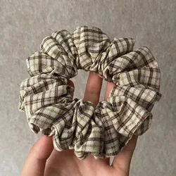 Vintage Brown Tones Plaid Scrunchie - Retro Style Hair Accessory (Khaki)