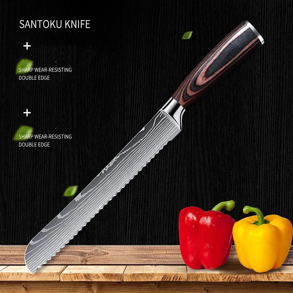 

Damascus Laser Pattern Bread Knife Cheesecake Knife Stainless Steel Toast Slicing Knife Professional Kitchen Chef Knife