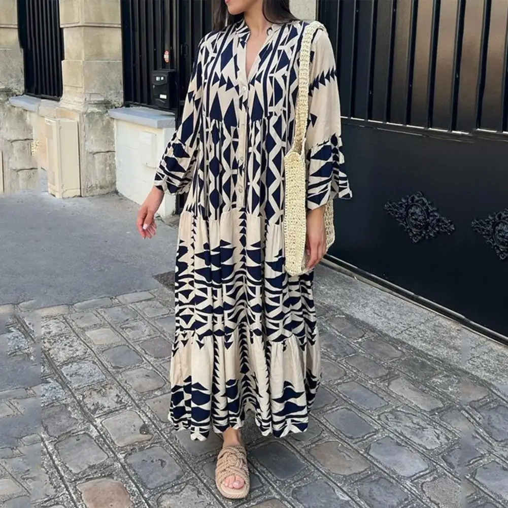 

Women Casual Long Sleeve Stitching Beach Dress Geometric Print Bohemia Long Shirt Dress Deep V-neck Pleated Party Maxi Dresses