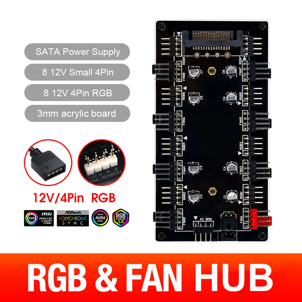 ARGB RGB PWM 선풍기 허브, 마더보드 동기화, LED 라이트 스트립 컨트롤러 케이스 선풍기 허브 어댑터, 1-8 멀티 웨이 스플리터, 12V 4 핀, 5V 3 핀