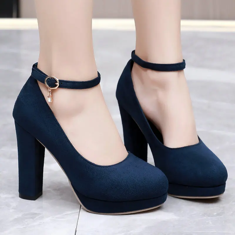 

Flock Faux Suede Leather Navy Blue Platform Shoes For Women Spring Autumn Round Toe Platform Office Pumps Heels Mary Janes