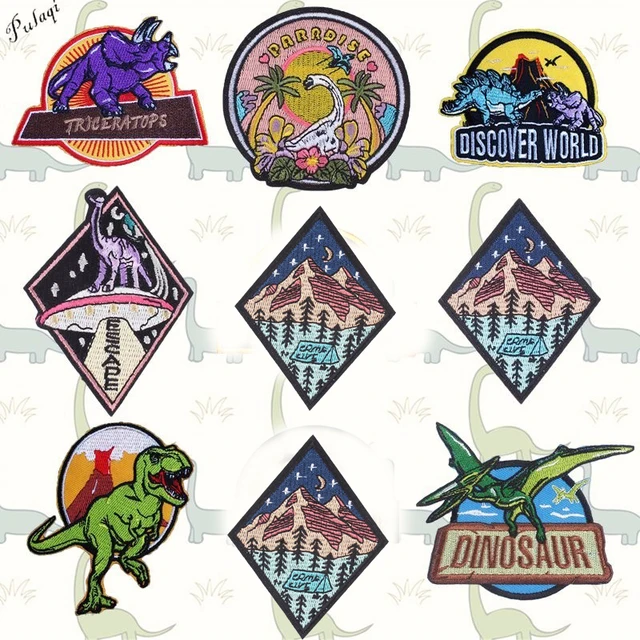 Pulaqi Discovery World Dinosaur Patches Iron On Clothes Hat T-shirt Patch For Men Kids Women Decoration F