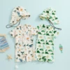 Infant Baby Boys Swimsuit Sun Protection Bathing Suit Toddler Short Sleeve Animal Print Zipper Swimwear + Hat Children Beachwear 1