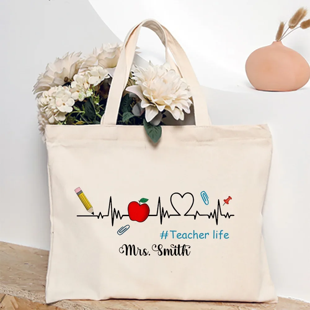 Personalized Tote Bag Custom Name Canvas Shoulder Bags Teacher Life Shopping Bag Female Travel Handbags Best Gift for Teachers 4