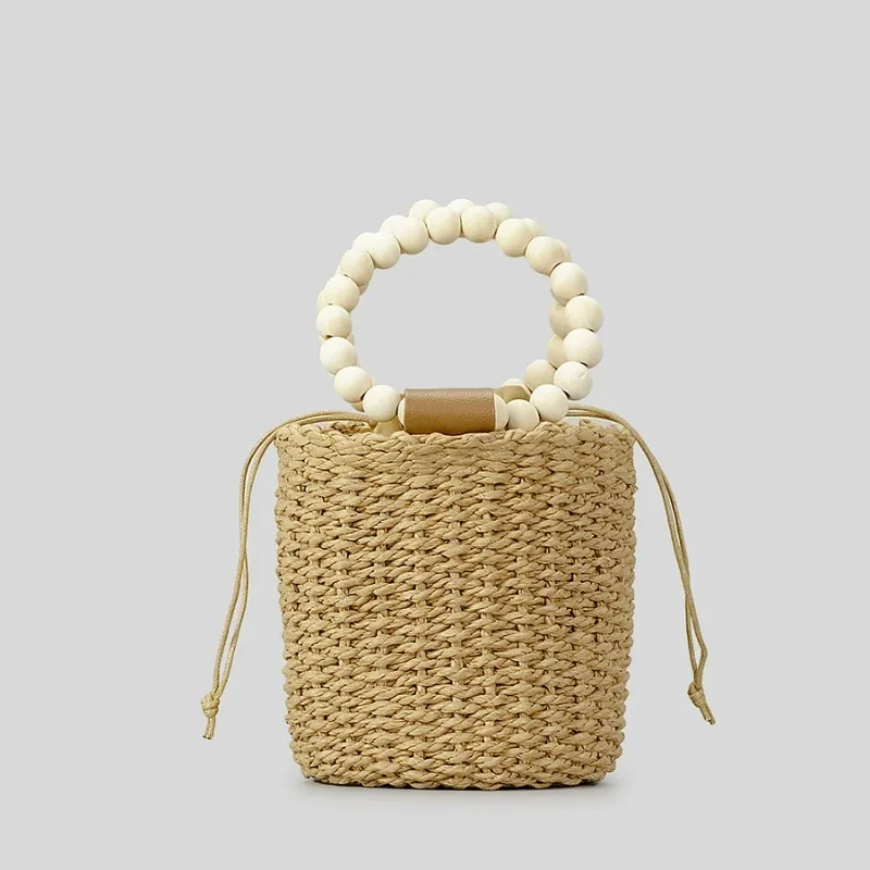 Fashion Wooden Beading Women Handbags Paper Woven Hand Bags Casual Summer Beach Bucket Bag Bali Small Tote Female Purses 2023