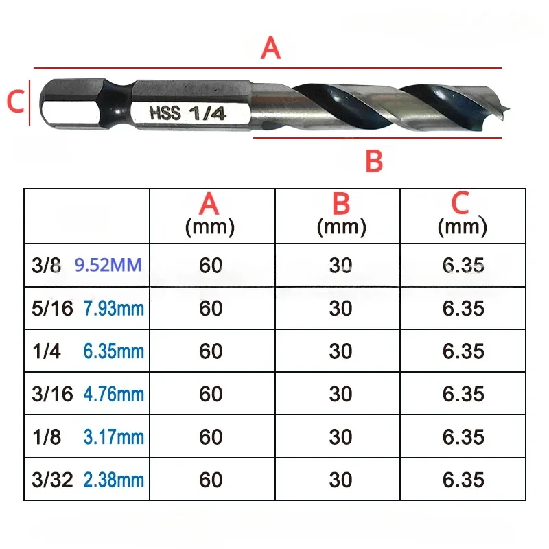 6pc High Speed Steel Hexagonal Shank Integrated Twist Drill British System Woodworking Drill Two Edge and Two Slot Drilling Tool