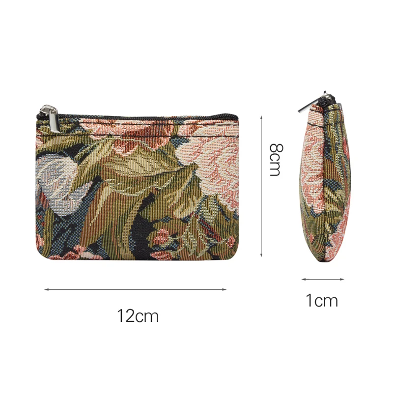 SAJA Small Key Wallet Coin Purse Mini Women's Wallet Peony Floral Flower Vintage Tapestry Bag Pouch Credit Card For Girl Ladies