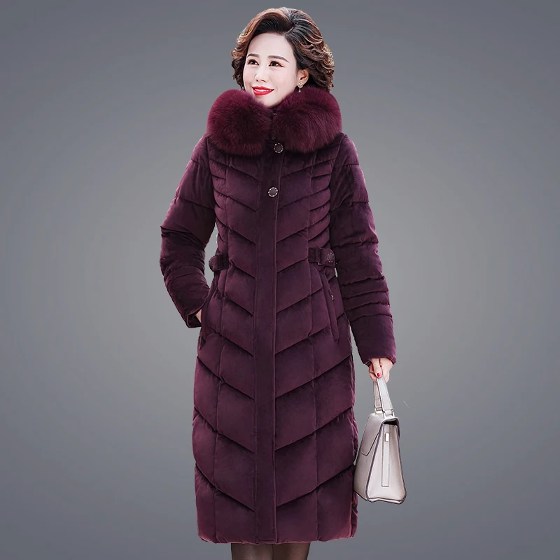 

Winter Clothes Women Purple Fur Long Coat with Fur Hooded Velvet Fabric Cotton Padded Warm Thick Parkas Coat New Outerwear