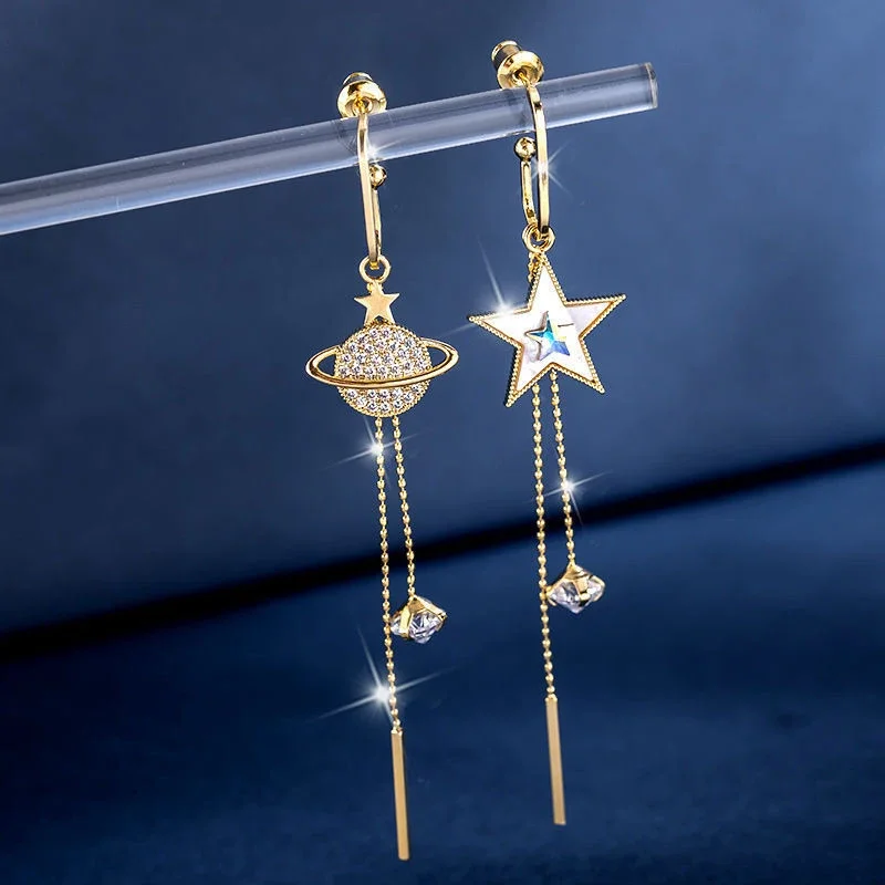 2024 New Trend Star Earth Long Tassel Dangle Earrings For Women Planet Crystal Statement Pendant Earrings Wedding Party Jewelry - Image 4