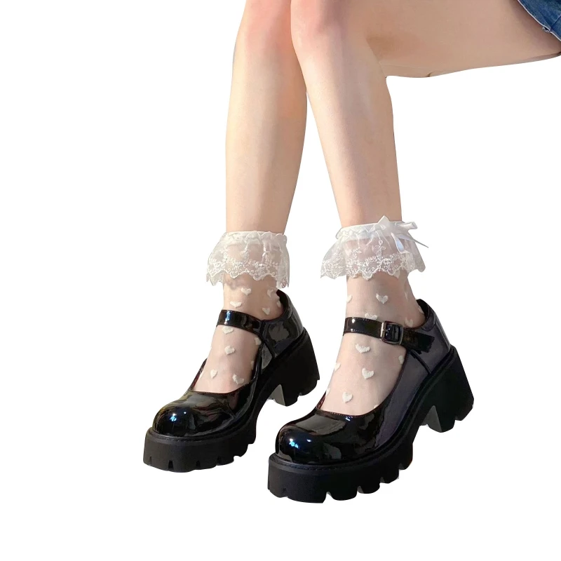 Women Lolita Transparent Mesh Crew Socks Sweet Ruffled Lace