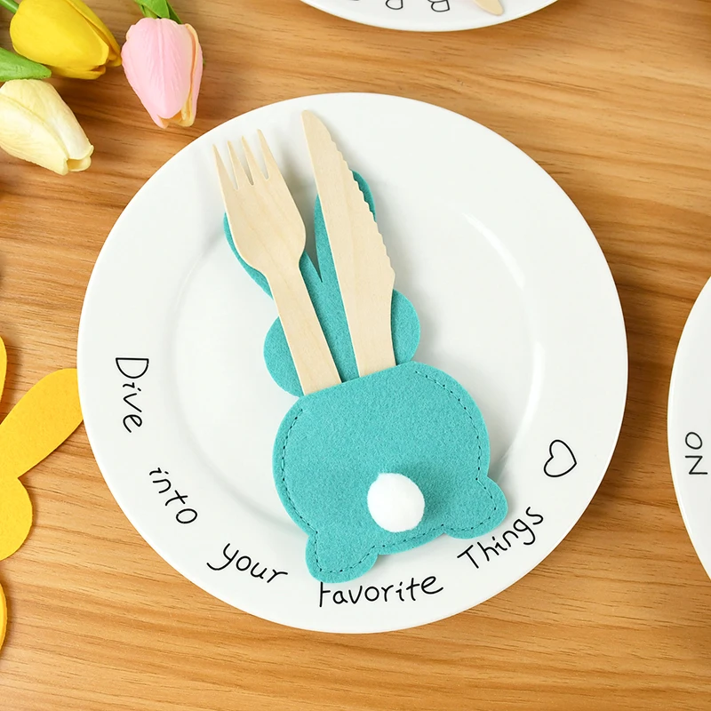 4Pcs Easter Knife Fork Holder Bags Felt Rabbit Cutlery Cover 2024 Happy Easter Decoration For Home Kids Birthday Party Tableware
