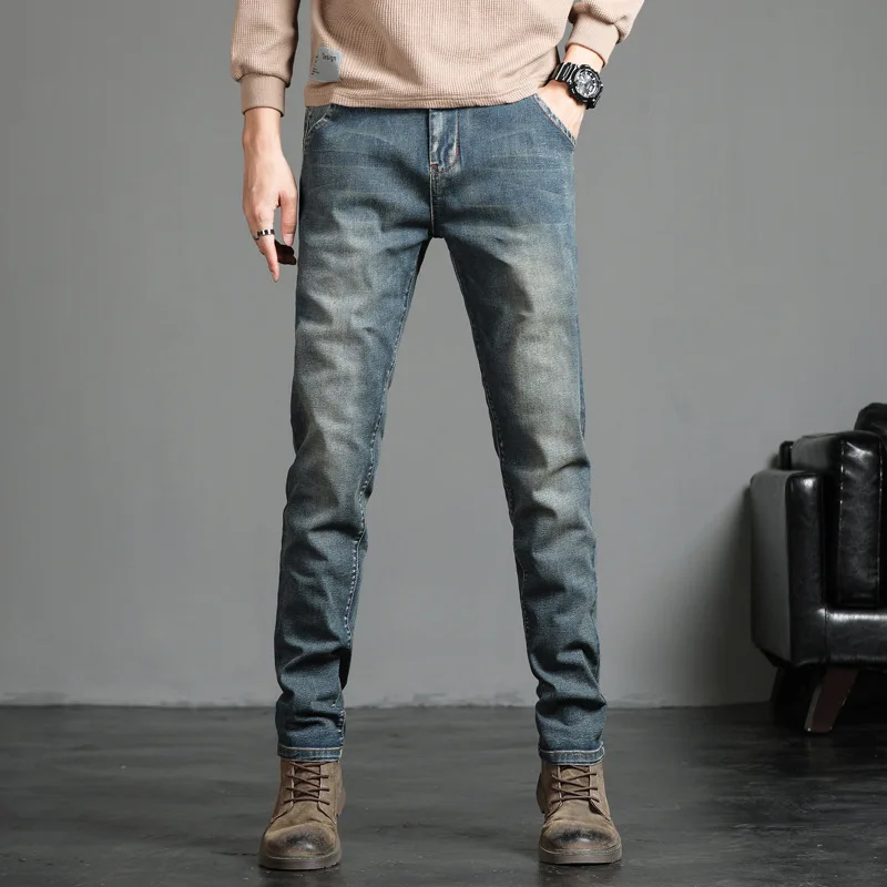 

27-36 Mens Jeans Male Ankle-length Denim Pant Autumn Spring Button Straight Casual Elasticity Slim Trousers Clothes Hc57