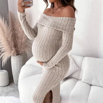Maternity Pregnant Women Solid Knitted Dress Off Shoulder Slim Fit Long Sleeve Bodycon Dresses Spring Casual Pregnancy Clothing