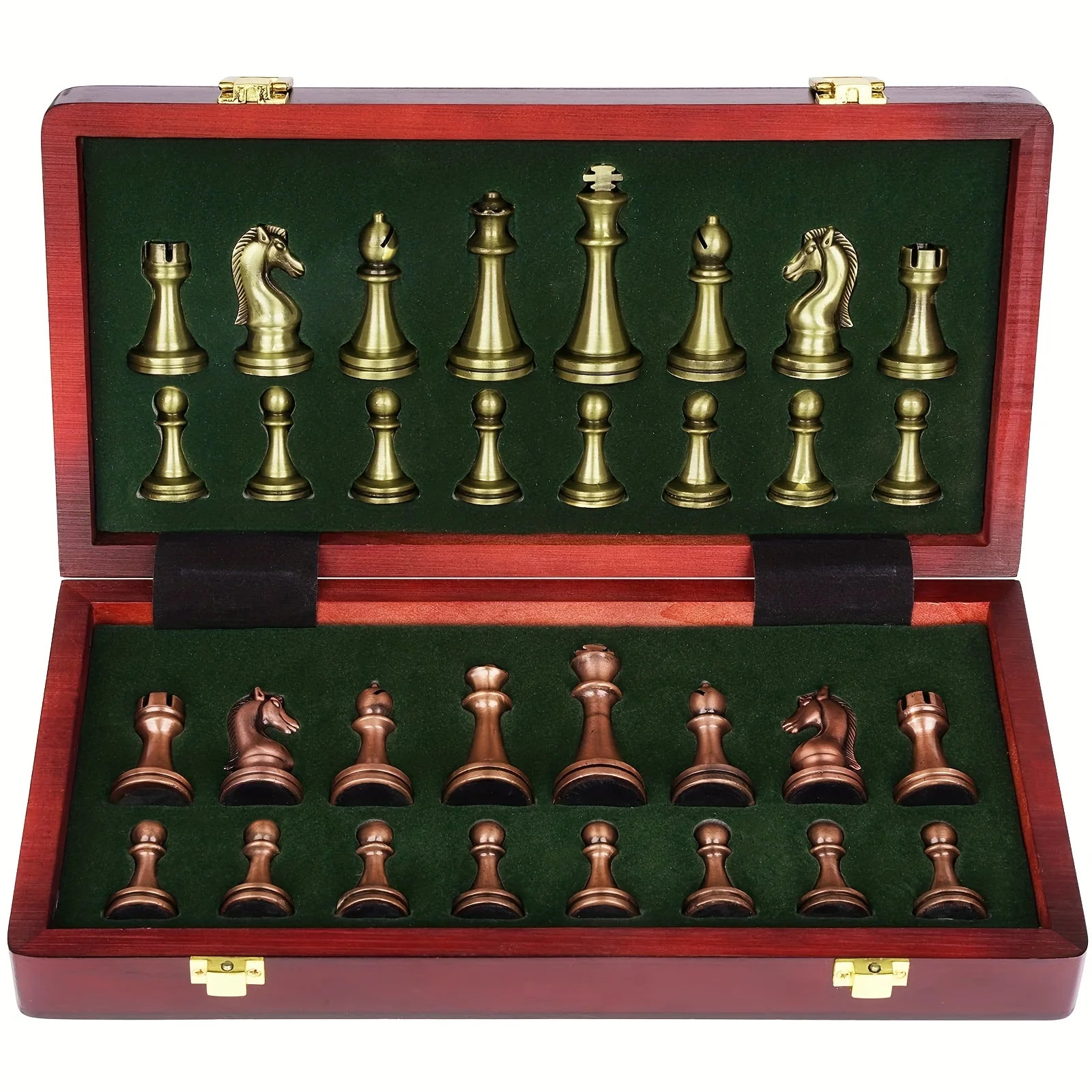 Juego de mesa grande de Metal de lujo para adultos, juego de ajedrez de aleación Retro Chapado en cobre, caja de madera portátil, juego de ajedrez plegable de almacenamiento