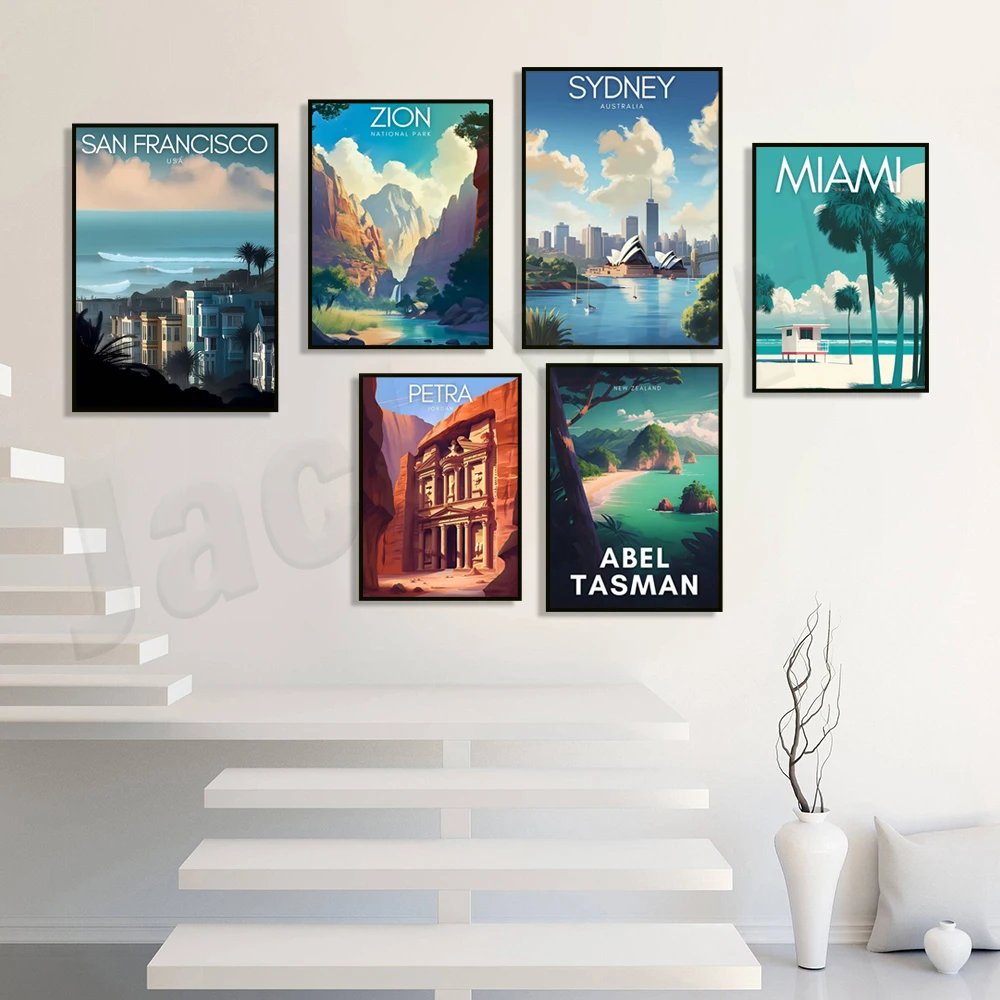 San Francisco, Miami Beach, Abel Tasman Nuova Zelanda, Lake Taupo, Coromandel, Petra Jordan, Australia, Yosemite Travel Poster