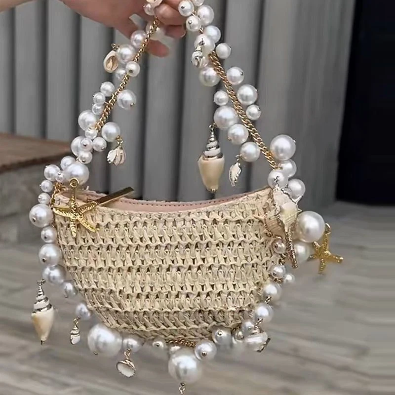 Fashion Made Shell Lady Evening Bags Conch In Papyrus Woven Chain Beaded Trim Shoulder Bag Handheld Beach Vacation Women'sHandba