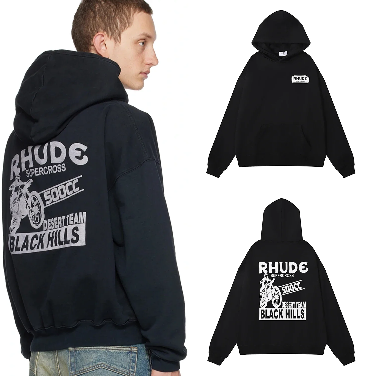 

RHUDE Pure Heavy Cotton Fashion Print Hooded Hoodies For Men Baggy Niche Style Vintage HipHop Streetwear Pullover