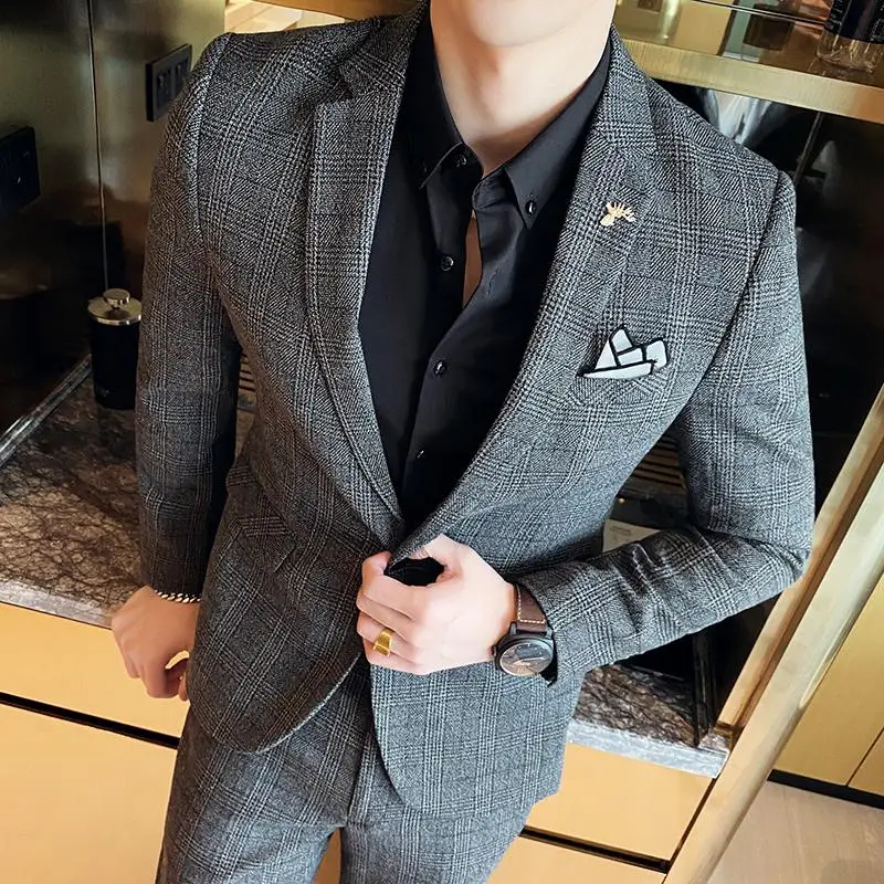 Abito da lavoro slim fit da uomo Boutique di alta qualità Set di due pezzi di moda Bello banchetto di tendenza Pantaloni quattro stagioni inclusi - immagine 5