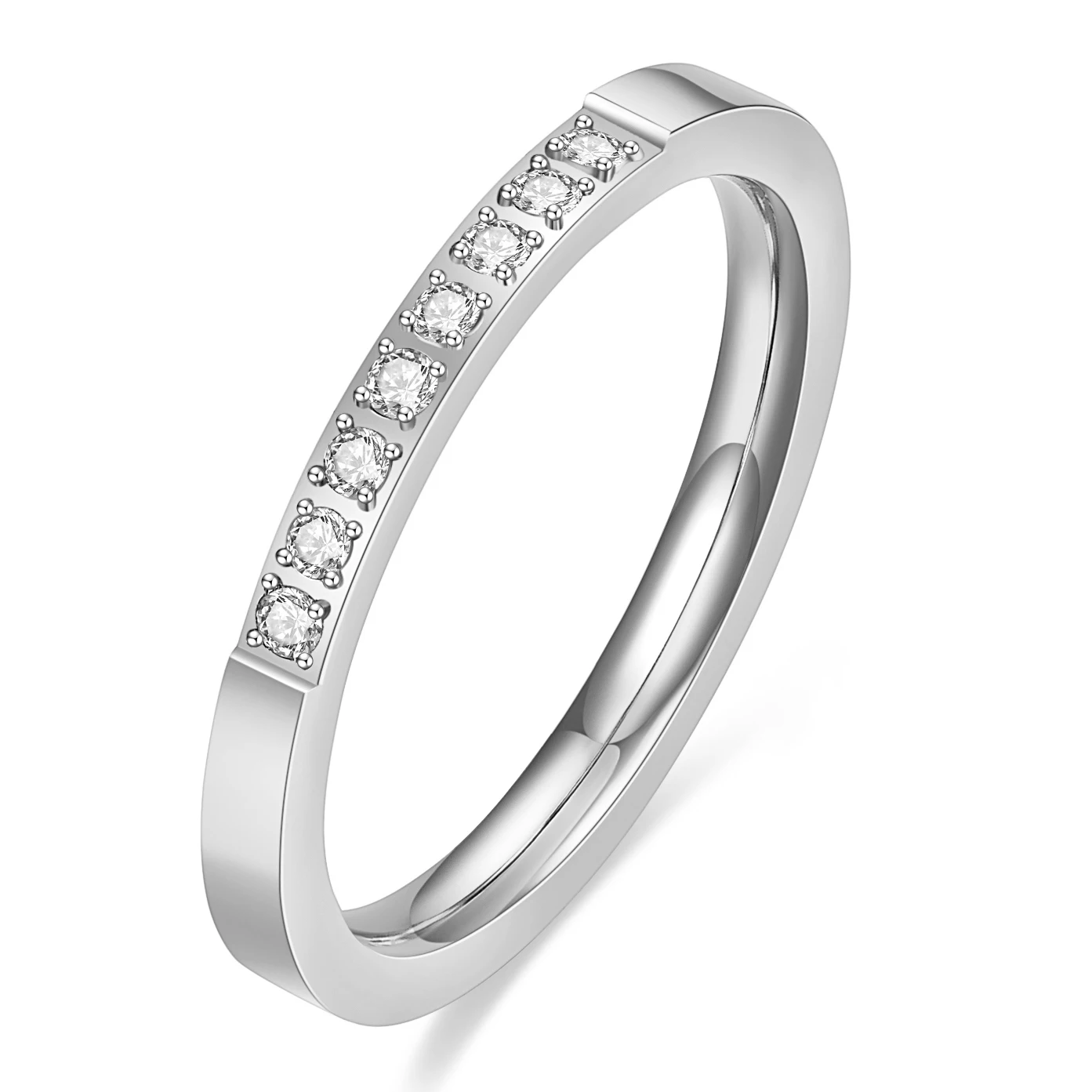 טבעת אירוסין מפלדת אל-חלד עם הגדרת ערוץ זירקון CZ קטנה מלאה לנשים