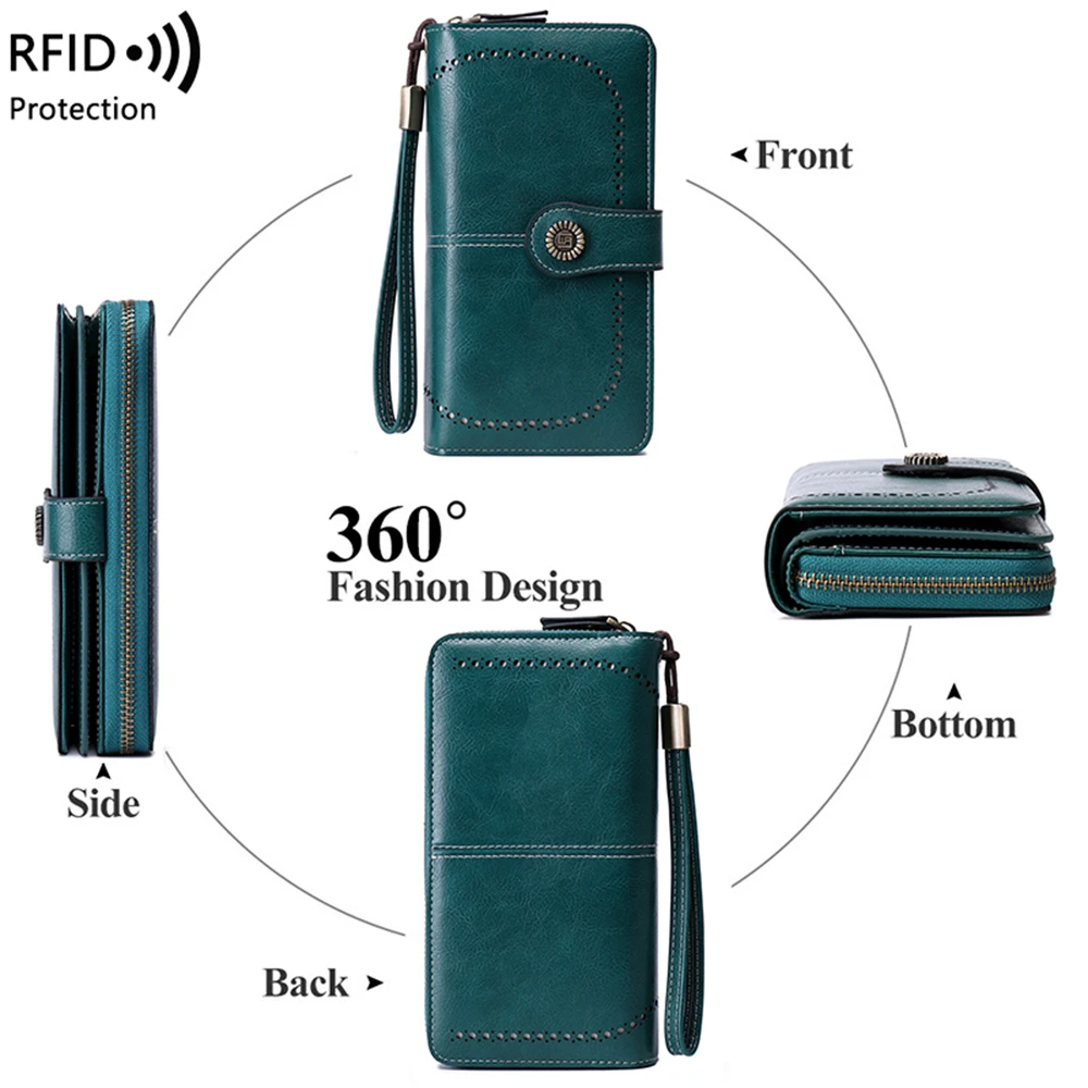 RFID anti-theft brush Retro large capacity long wallet Multi-card women's wallet Multi-function zipper wallet with wrist strap 3