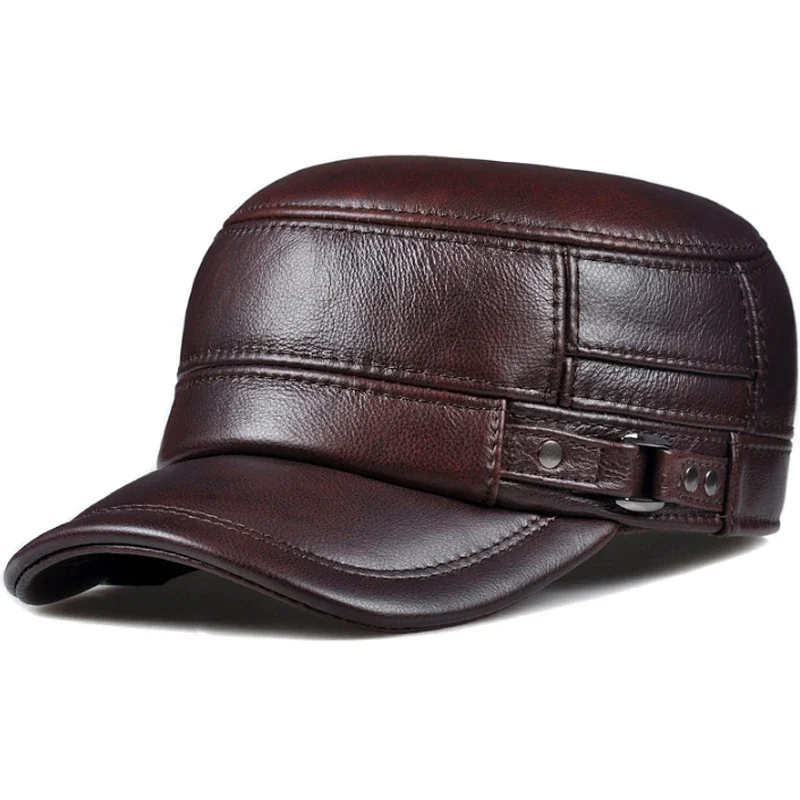 Winter Genuine Leather Cap Men's Flat Caps  Military Hat Elegant Man Baseball Cap British Vintage Cowhide Ear Warm Hat 3