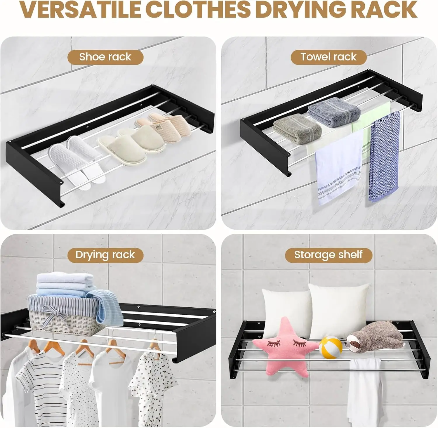 80cm Wall Mounted Laundry Drying Rack White Metal Clothes Drying Rack 5 Rods Space Saving Laundry Racks for Drying Towel Shoes 3