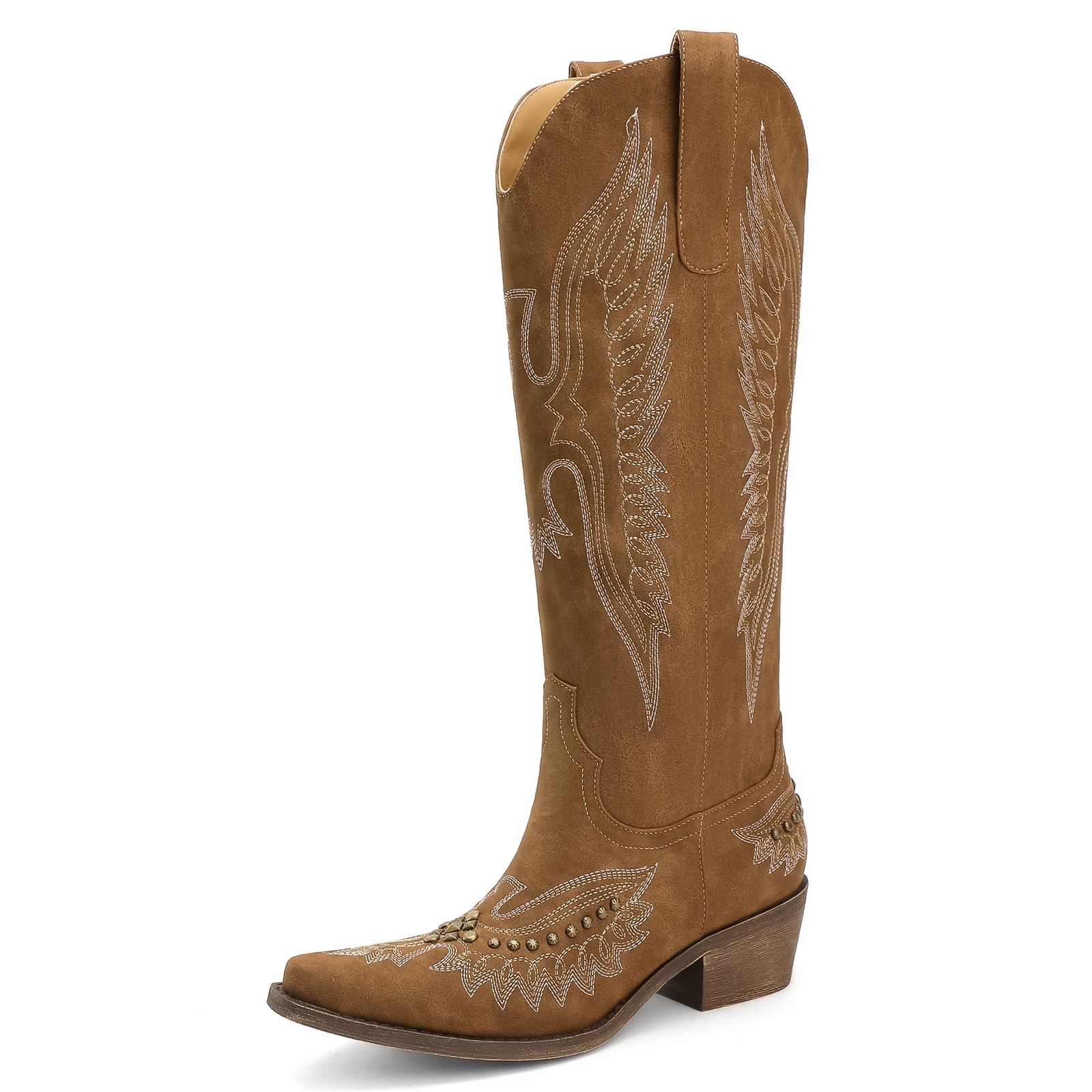 

Retro Studded Western Cowboy Boots Pointed Toe Square Follower Stitching Totem Riding Boots Heightened Slim New Women's Boot