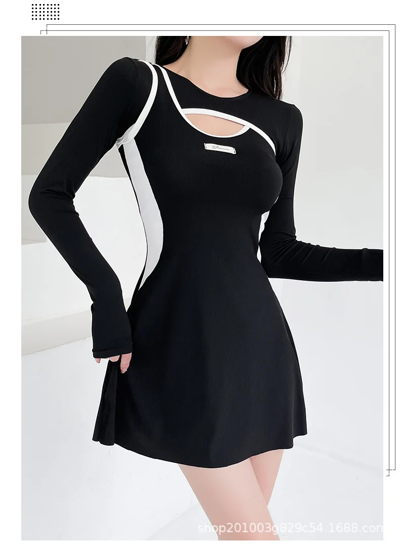 Swimming Suit Women's Summer Conservative Long-sleeved Sunscreen One-piece Korean Patchwork Skirt High Waist Slim Swimsuit Black