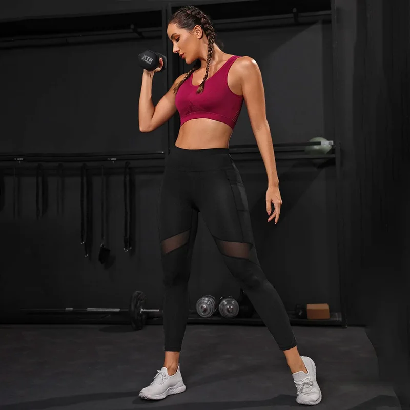 Sports Leggings Yoga Pants Women Mesh High Waist With Pockets Tummy Control Workout