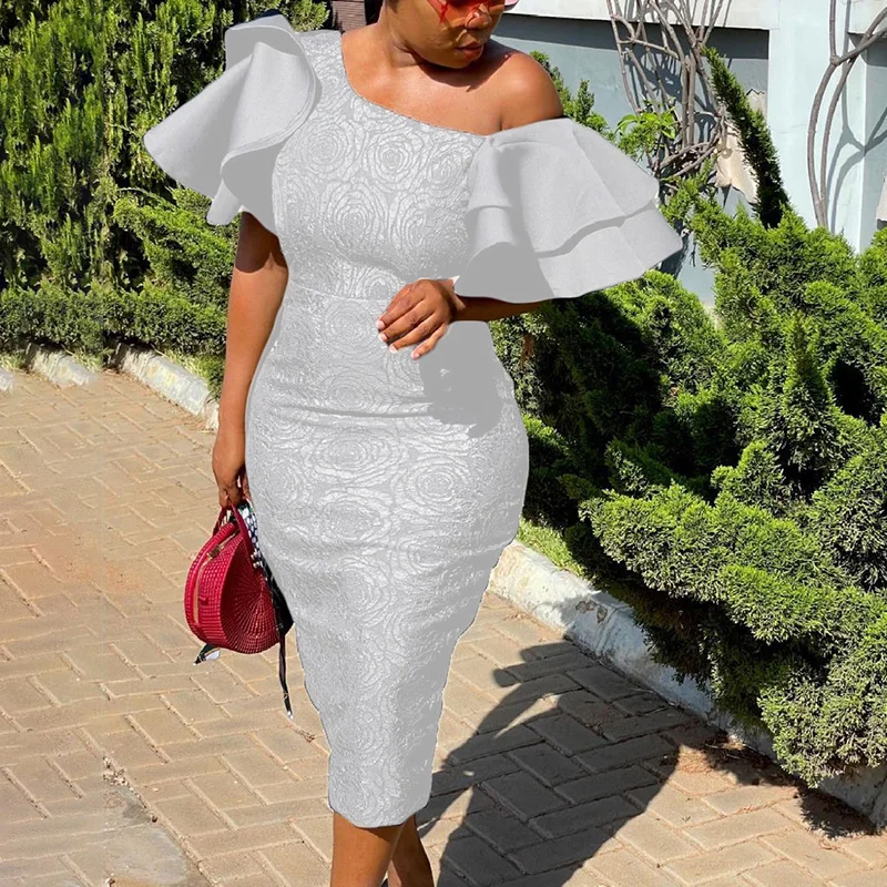 Plus Size Women Clothing Office Lady Lace Patchwork Bag Hip Pencil Skirt Autumn Fashion Off Shoulder Ruffles Zipper Party Dress