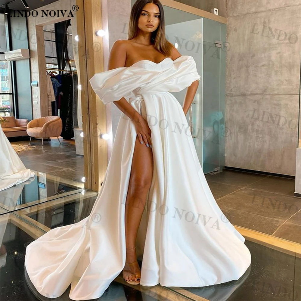 

LINDO NOIVA 2023 Women's Off Shoulder Satin Wedding Dresses Strapless Draped Short Sleeves Elegant Bridal Gowns with High Slit