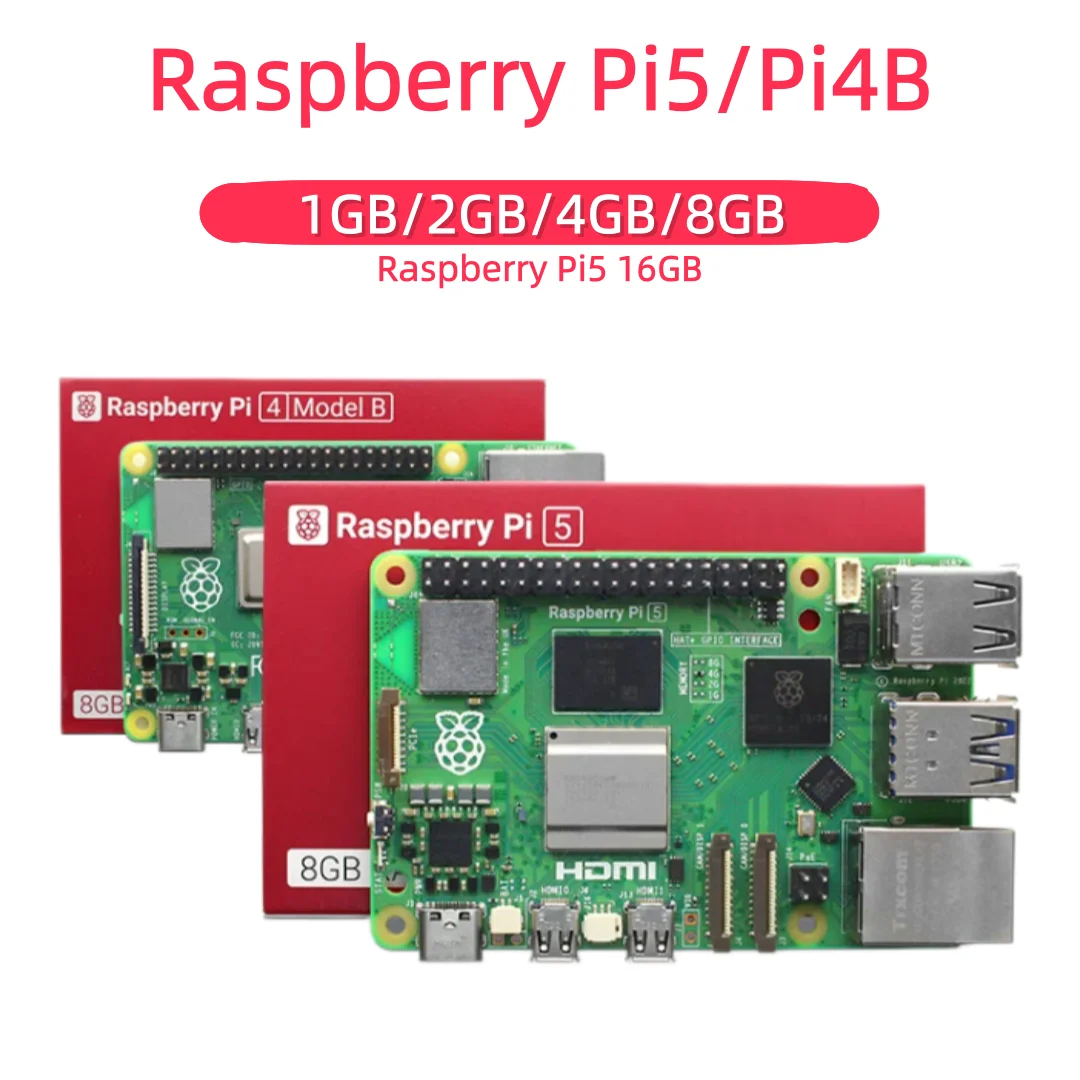 Raspberry Pi4 ModelB oder Raspberry Pi 5 Entwicklungsboard, ausgestattet mit Arm Cortex-A76 und Linux-Betriebssystem.