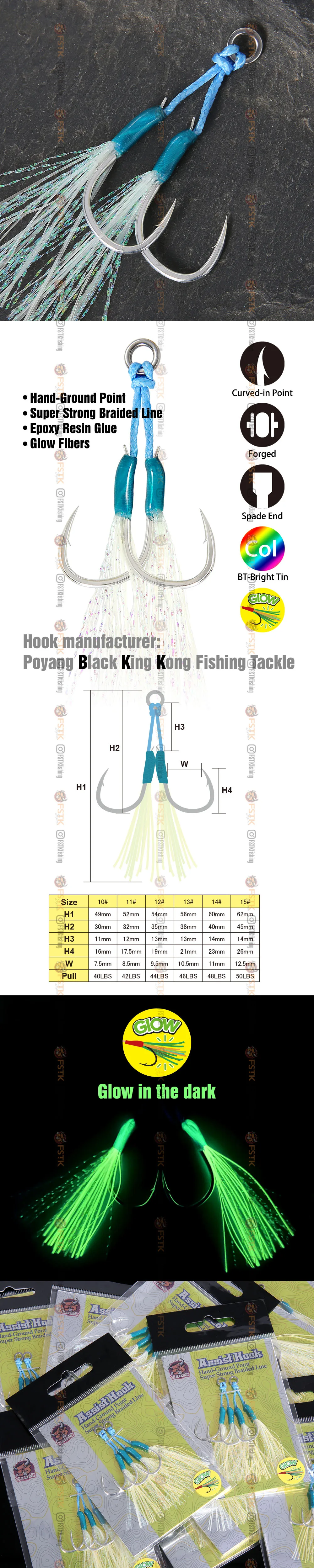 FSTK Haken Metall-Jig Leuchtender Feder-Assist-Haken12 # 13 # 14 # Hochkarbon-Stahlhaken mit Epoxid-Kleber Doppelhaken Meeresfischerei-Haken Slow Jigging – Detail 4