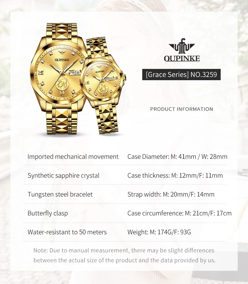 OUPINKE 3259 Automatic Watch Top Brand Dragon Phoenix Mechanical Couple Watch Dual Calendar Luxury Wristwatch Deep Waterproof