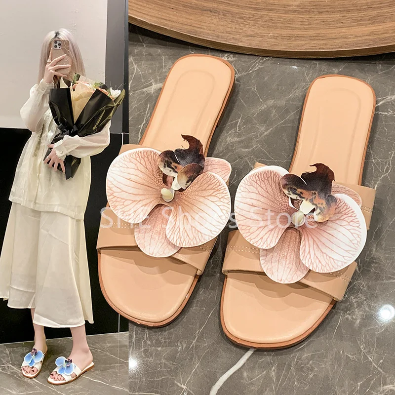 

Phalaenopsis Decor Slippers for Women Mixed Color Orchid Sandals Summer Beach Leisure Flates Ladies Shallow Slip-On Shoes
