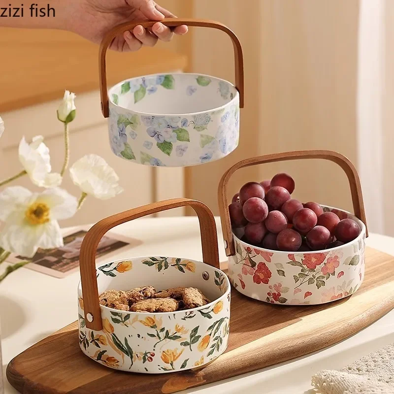 Flower Patterned Ceramic Plate Hand-held Fruit Basket Dried Fruit Plate Octagonal Dessert Snack Plates Steak Plates