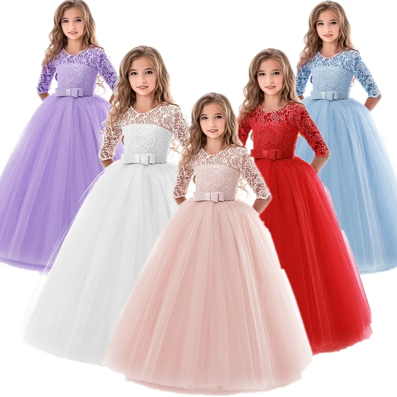 Girls Dress Princess Costume Flower Girl Wedding Banquet Lace Long Dress for Kids Elegant Puffy Lace Bow Birthday Party
