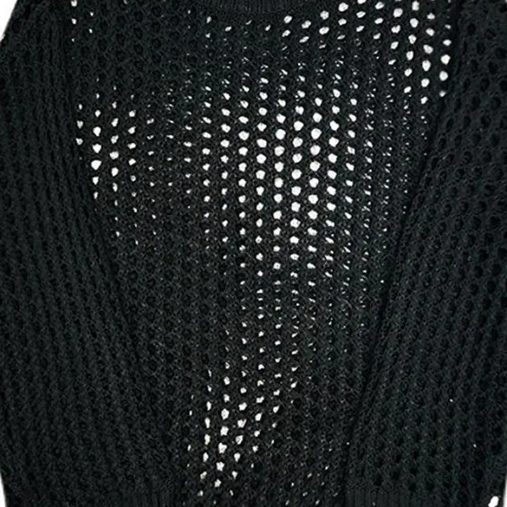 thumbnail image 5 of Top calado de malla para hombre, Color sólido, cuello redondo, ropa holgada de manga larga para discoteca, Jersey elástico transparente de Hip Hop, Top de fiesta, 5 of 5